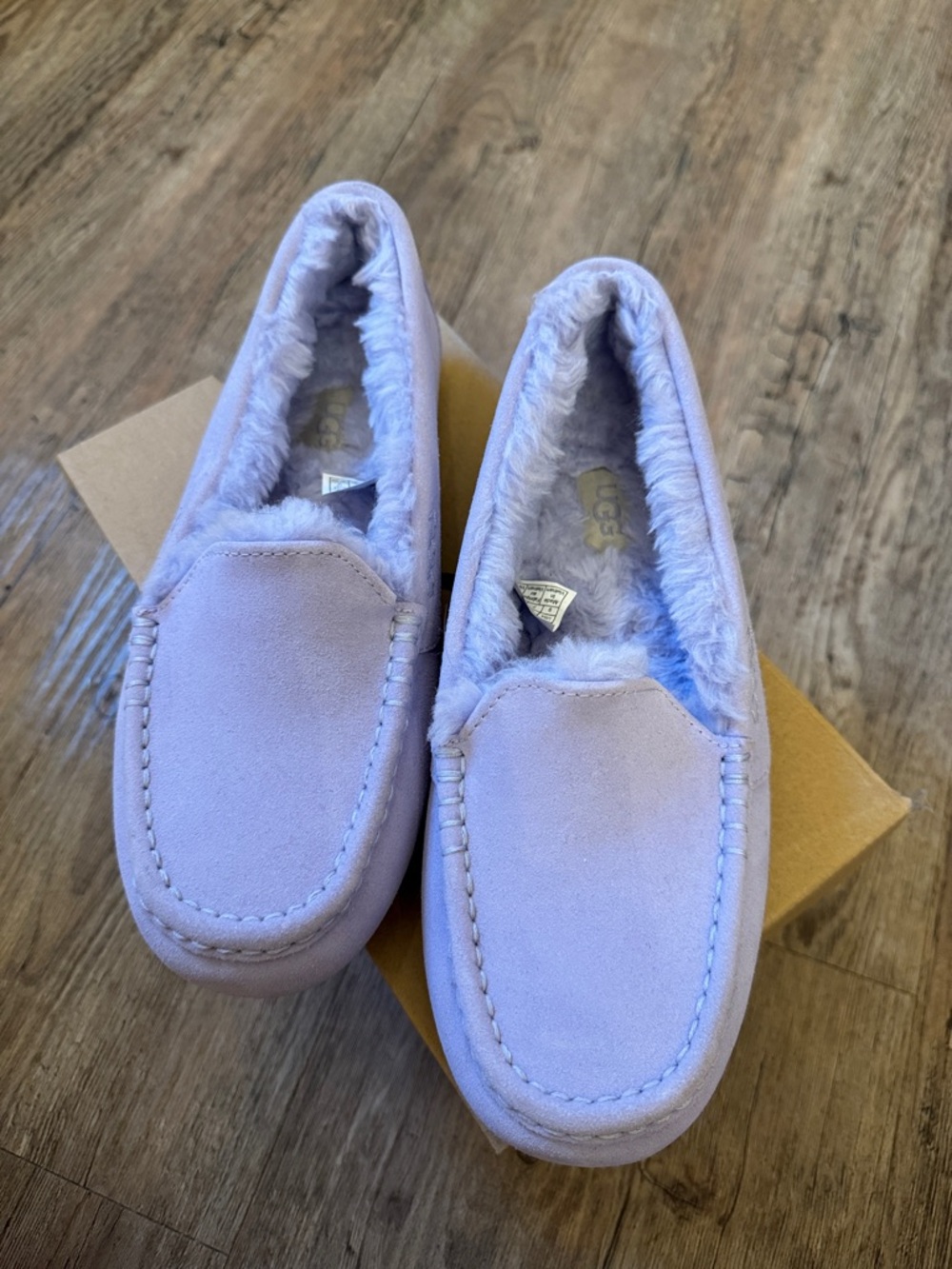 UGG Lavender Suede Shearling Moccasin Slippers - Picture 2 of 4
